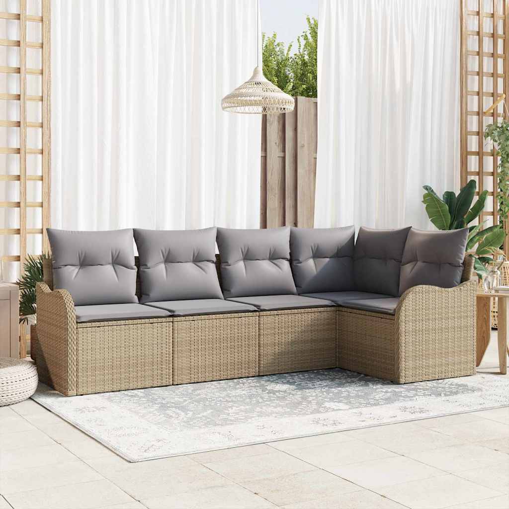 5 Delers Havemøbel Sæt med Puder Beige Poly Rattan, vidaXL 2-sæders Havemøbel Sofa med Puder Beige Poly Rattan