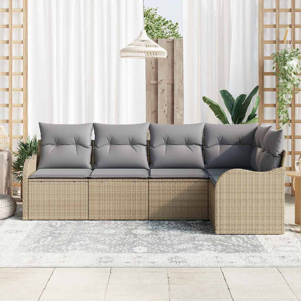 vidaXL 5-delige tuinset met beige kussens van poly riet
