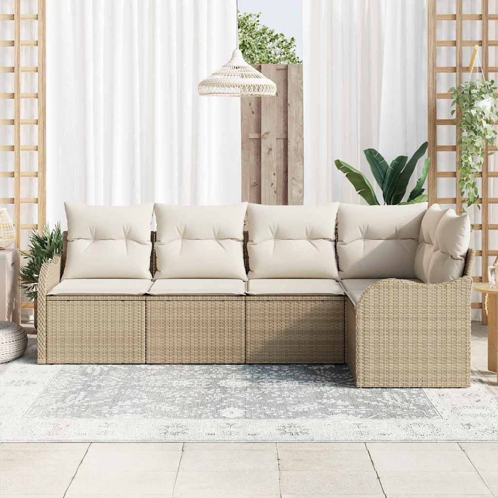 vidaXL 5-delige tuinset met kussens in beige poly rattan