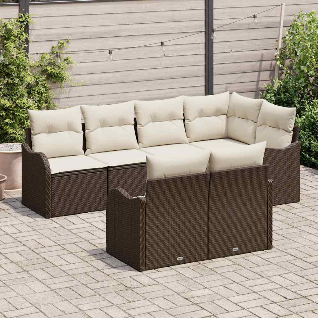 vidaXL 7-delige tuinbankset met kussens in bruin poly rattan