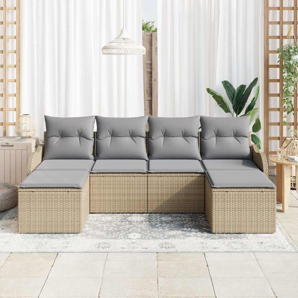 vidaXL 6-delige Tuinset Met Kussens - Beige Poly Rattan