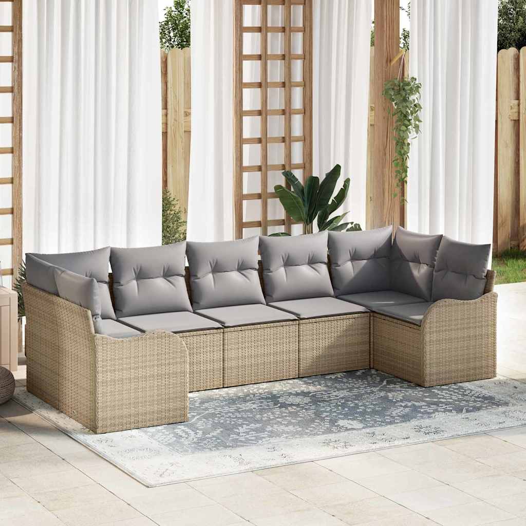 vidaXL 7-teiliges Garten-Sofa-Set mit Kissen in Beige aus Poly Rattan