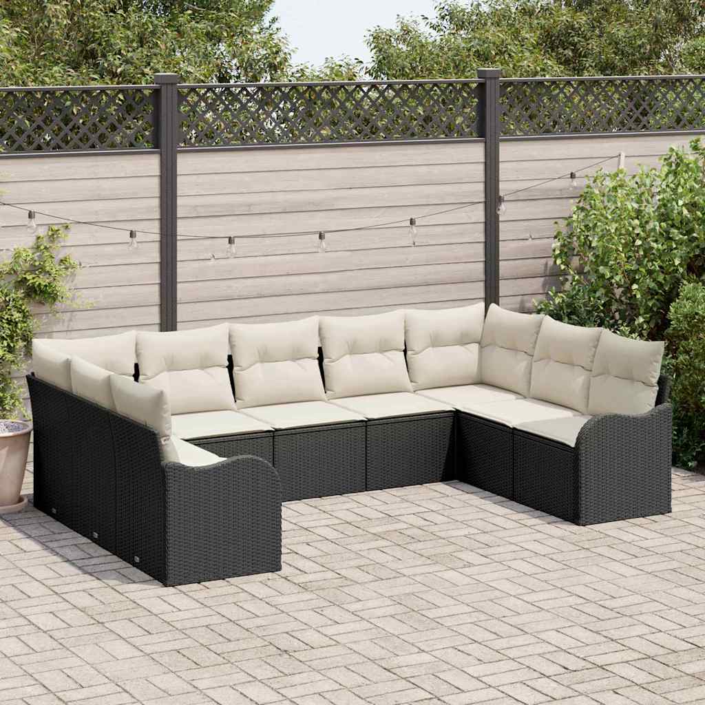 9-teiliges Garten Sofa Set mit Kissen Schwarz Poly Rattan