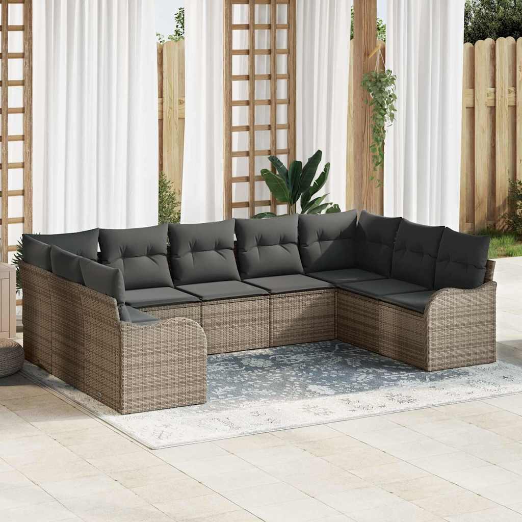 9-teiliges Garten Sofa Set mit Kissen Grau Poly Rattan