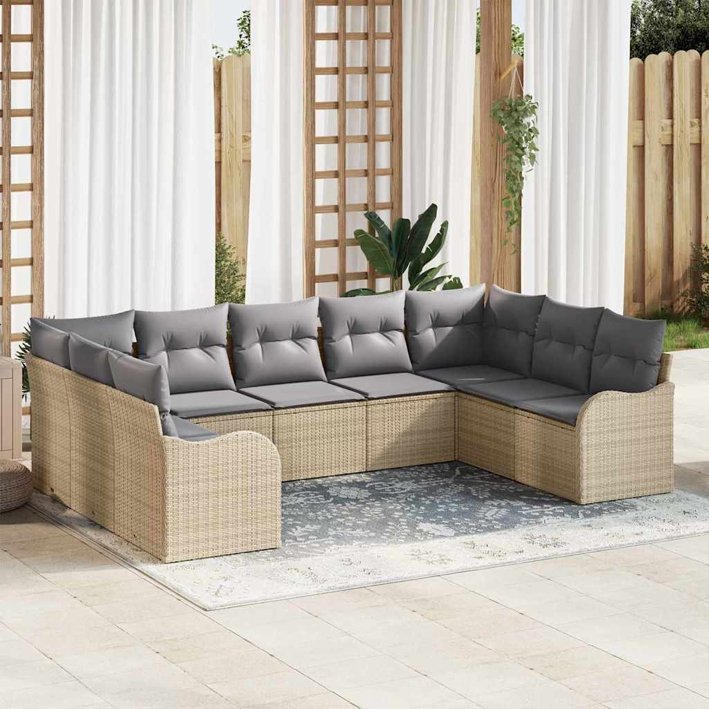 9 Stk. Have Sofa Sæt med Puder Beige Poly Rattan, vidaXL 2-Sæders Have Sofa med Puder Beige Poly Rattan