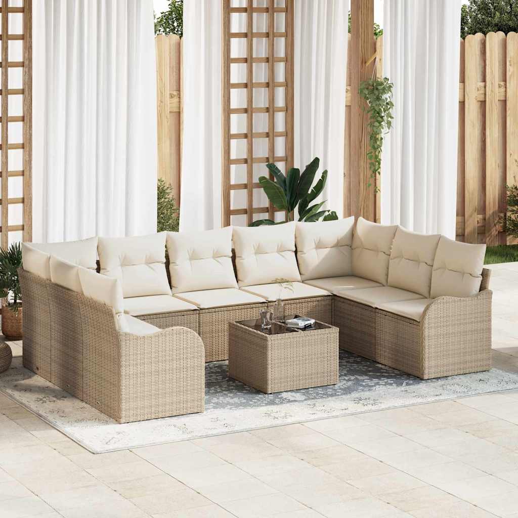 10 Stykke Havesofa Sæt med Puder Brun Poly Rattan, vidaXL 2-Personers Havesofa med Puder Beige Poly Rattan