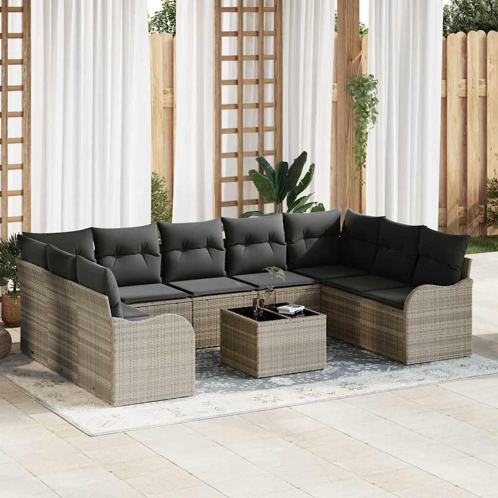 10 Stykker Have Sofa Sæt med Puder Grå Poly Rattan, vidaXL 2-Personers Have Sofa med Puder Lysegrå Poly Rattan