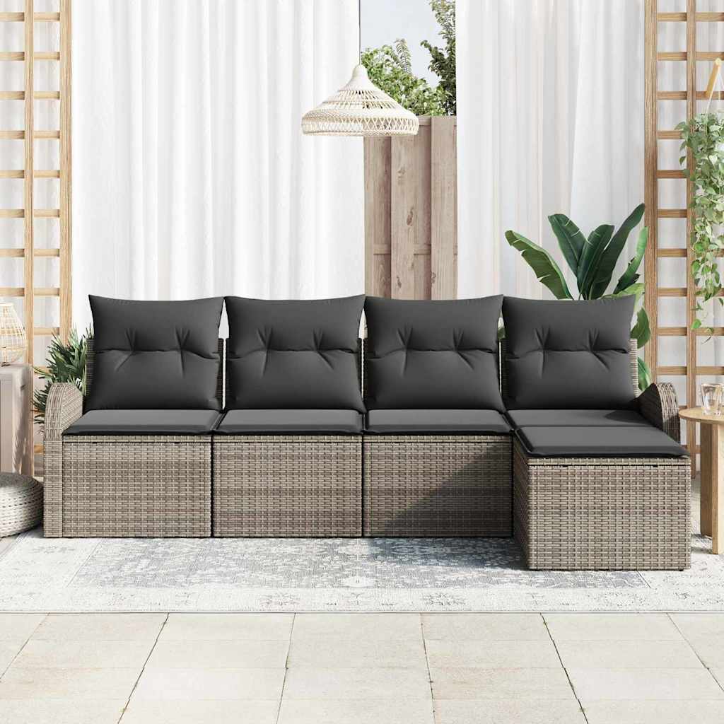 vidaXL 5-delige tuinset met kussens in grijs poly rattan
