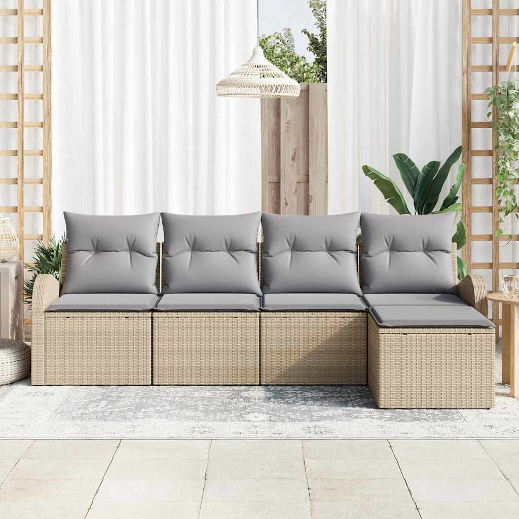 vidaXL 5-delige tuinbank set met kussens in beige poly riet