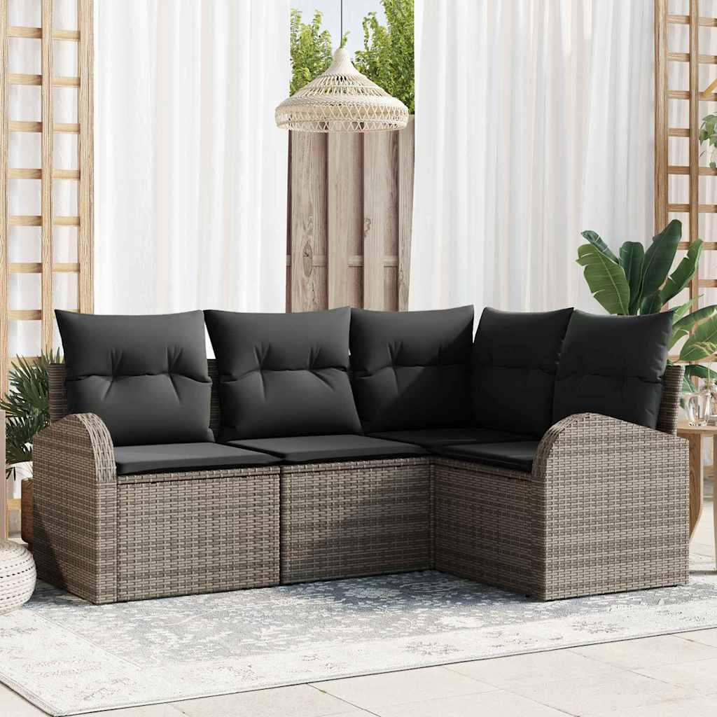 4-tlg. Garten-Sofagarnitur mit Kissen Grau Poly Rattan
