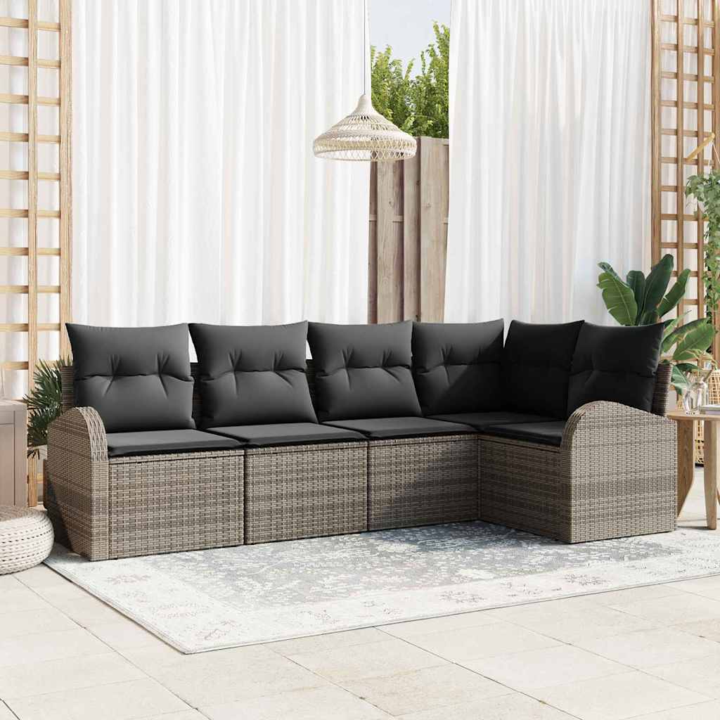 5 Stykke Have Sofa Sæt med Puder Grå Poly Rattan
