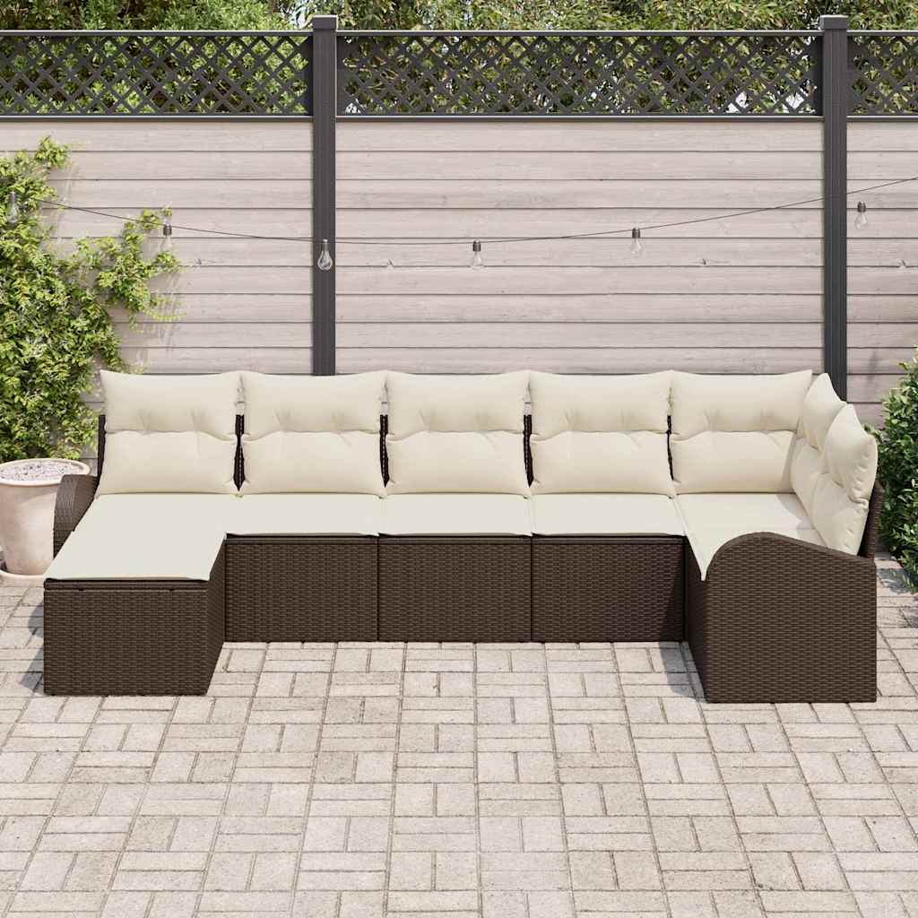vidaXL 7-delige tuinset met kussens van bruin poly rattan