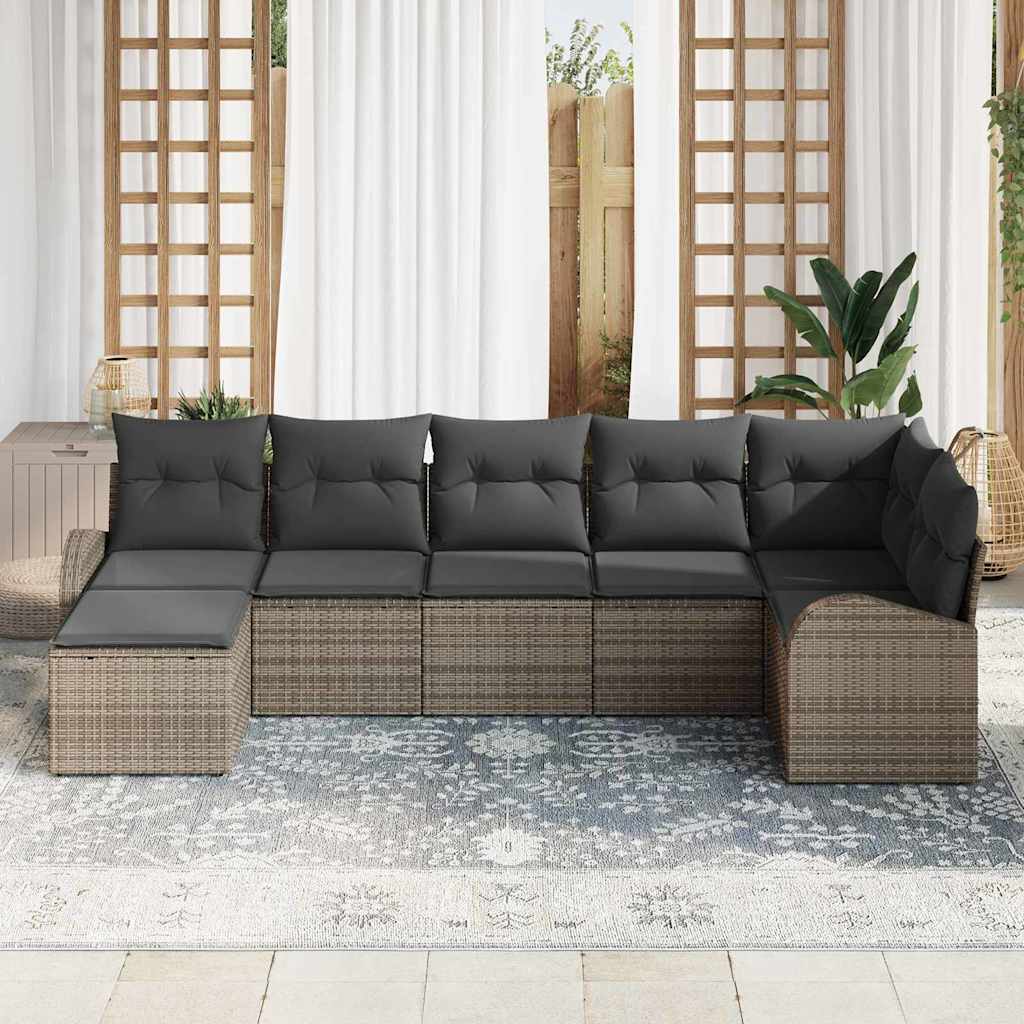 vidaXL 7-delige tuinbankset met kussens in grijs poly rattan