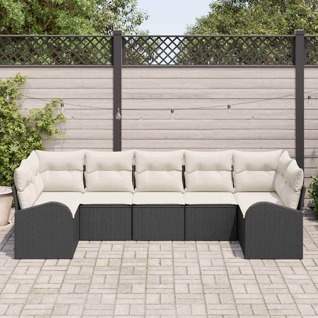 vidaXL 7-delige tuinset met kussens in zwart poly rattan