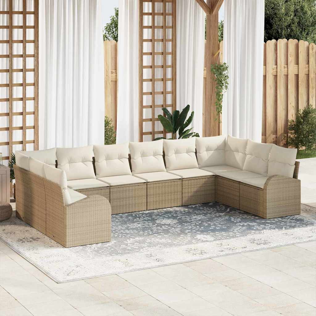 10-delers havemøbelsofa sæt med puder beige poly rattan