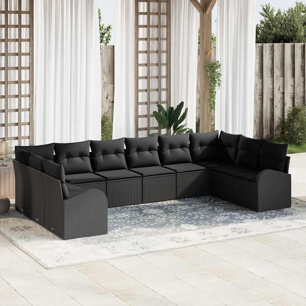 10 Stykke Have Sofa Sæt med Puder Sort Poly Rattan
