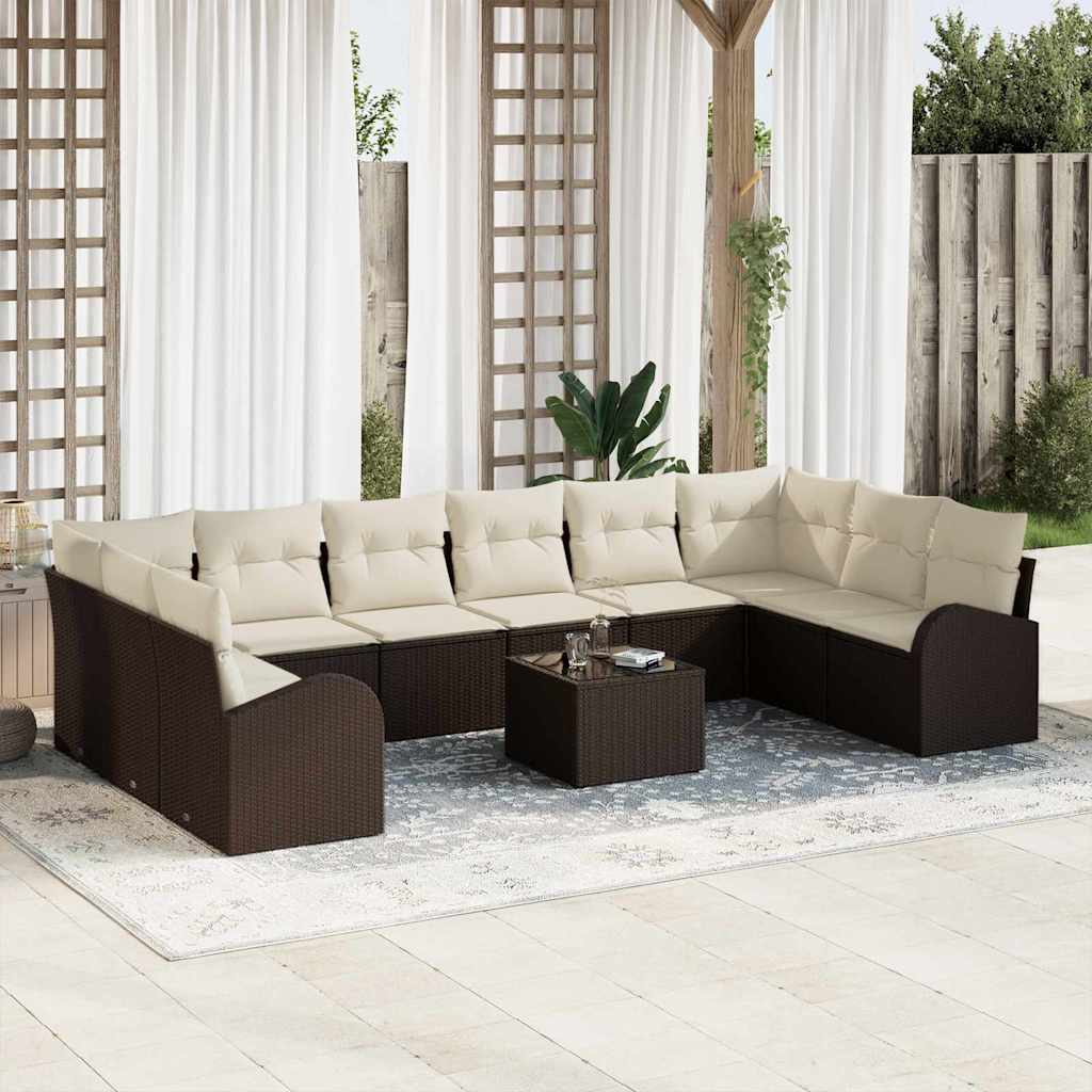 10 Stykke Have Sofasæt med Cremefarvede Puder Grå Poly Rattan