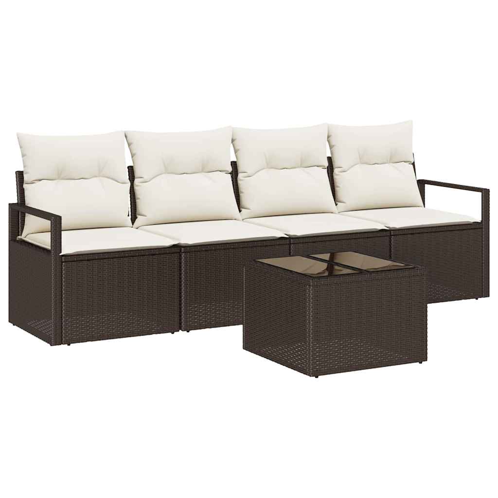 5 Piece Garden Sofa Set with Cushions Brown Poly Rattan, vidaXL 2-Seater Garden Sofa with Cushions Brown Poly Rattan