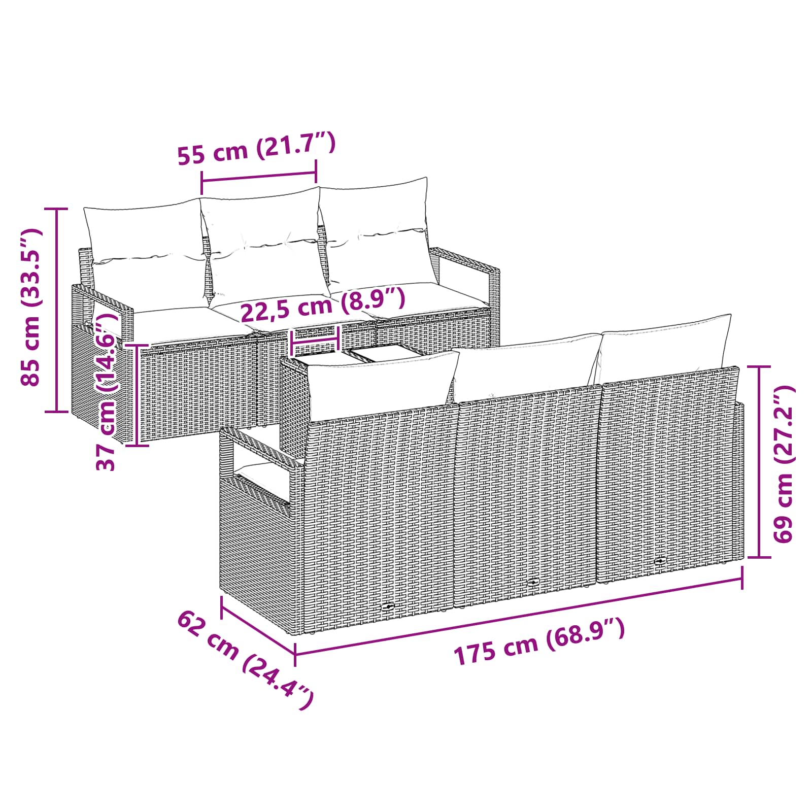 Set pohovek s polštářem 7 pcs Šedá a námořnická polyratan - obrázek 8