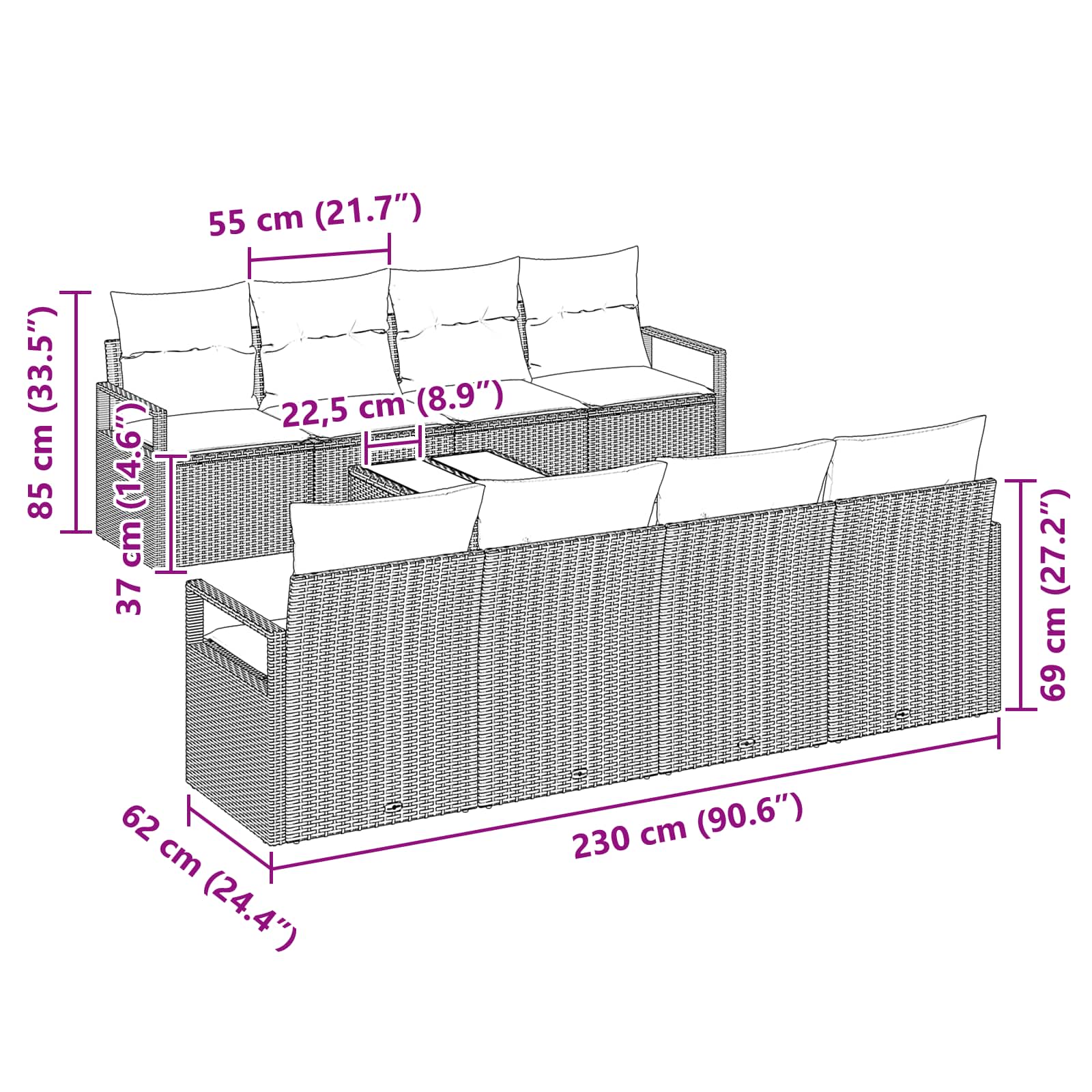 Set pohovek s polštářem 7 pcs Šedá a modrá polyratan - obrázek 8