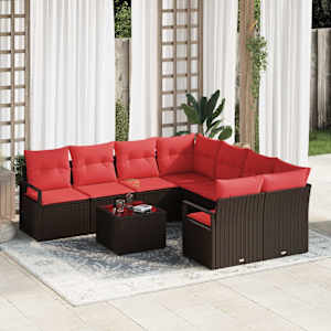 Kavčna garnitura z blazino 9 pcs Rjava in rdeča poli ratan