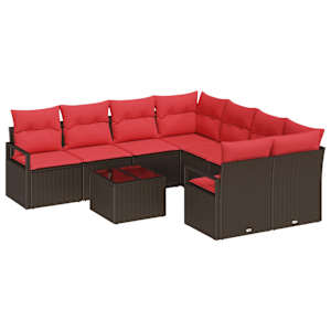 Set pohovek s polštářem 9 pcs Hnědá a červená polyratan - obrázek 2
