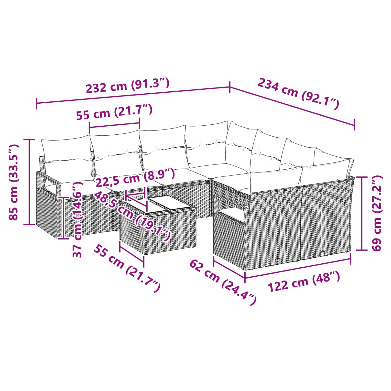 Kavčna garnitura 9 pcs Siva in mornarsko modra poli ratan - slika 9