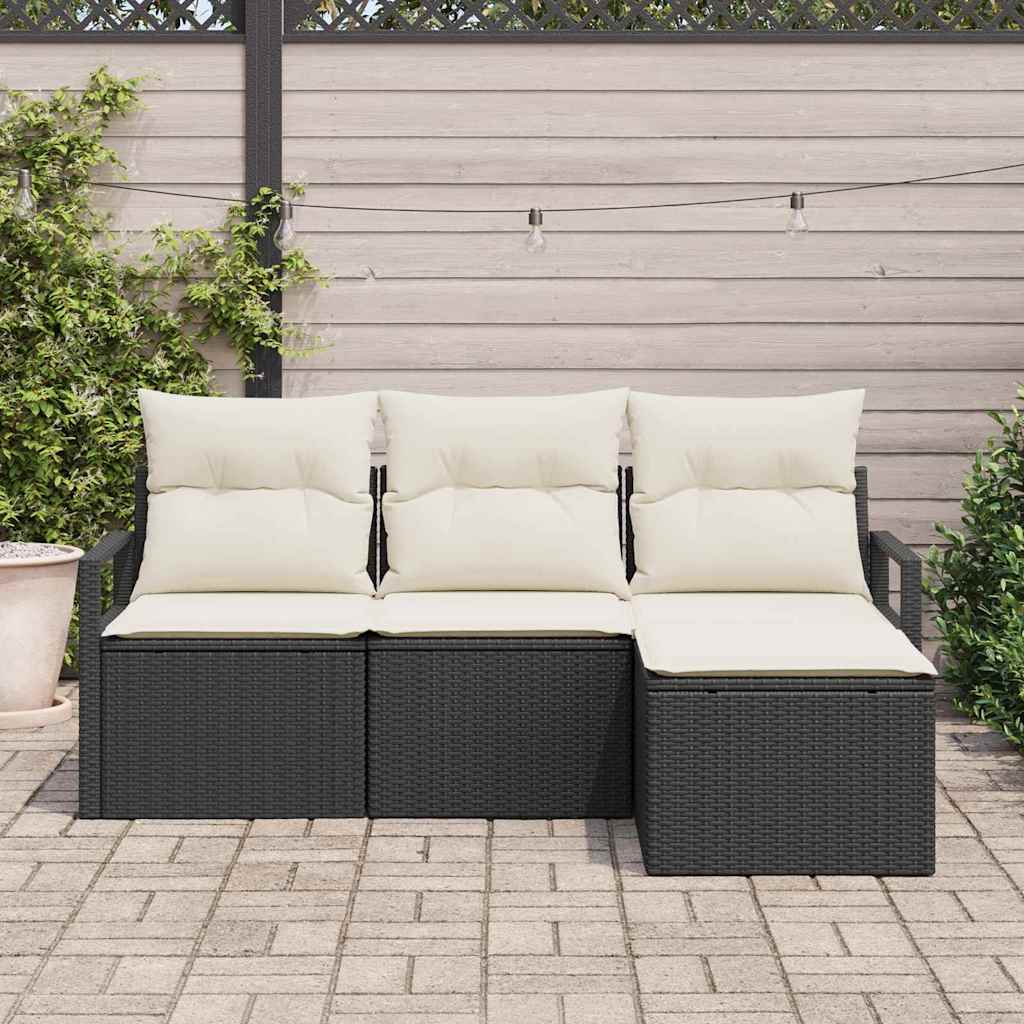 vidaXL 4-delige tuinset met kussens in zwart van poly rattan
