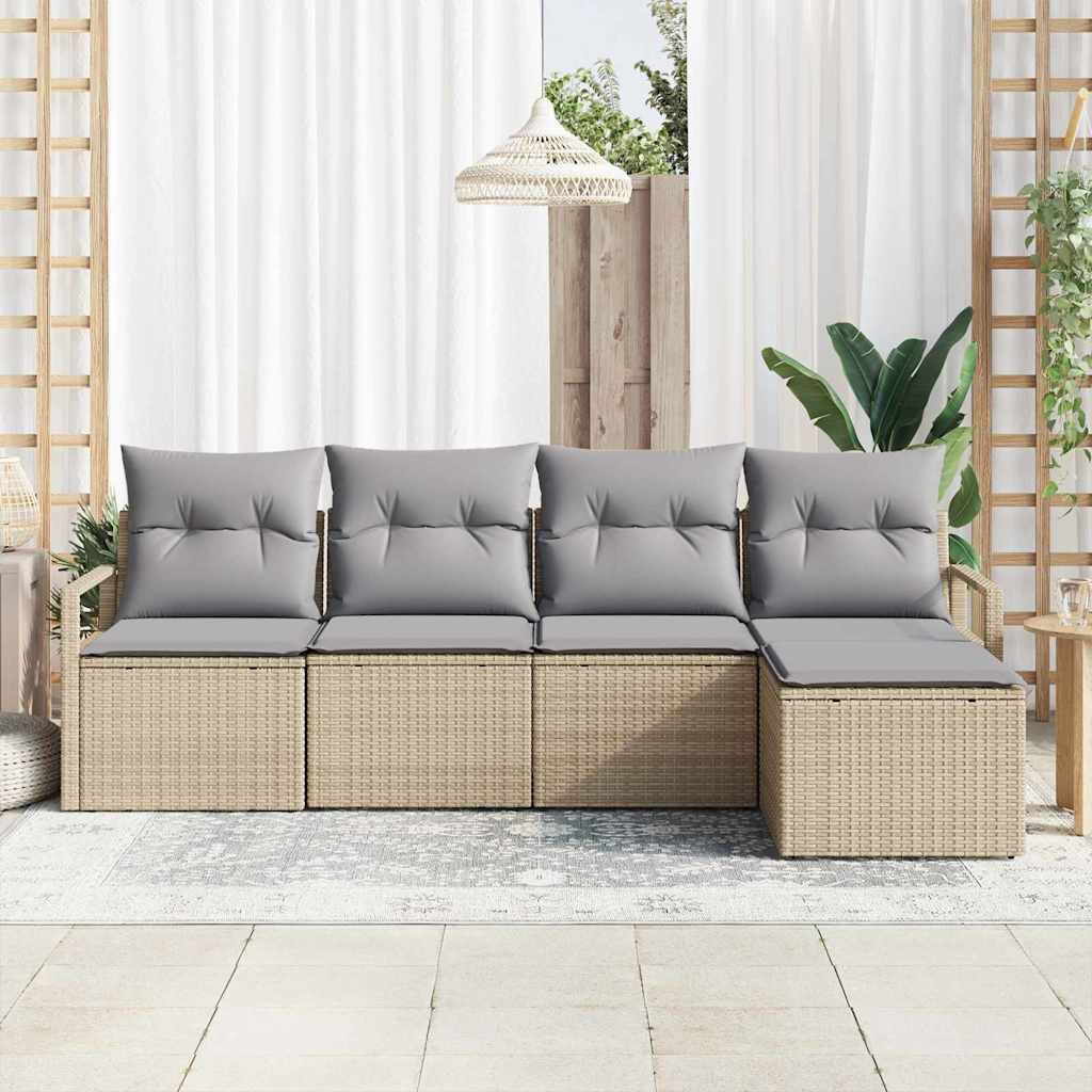 vidaXL 5-delige tuinbankset met kussens in beige poly rattan
