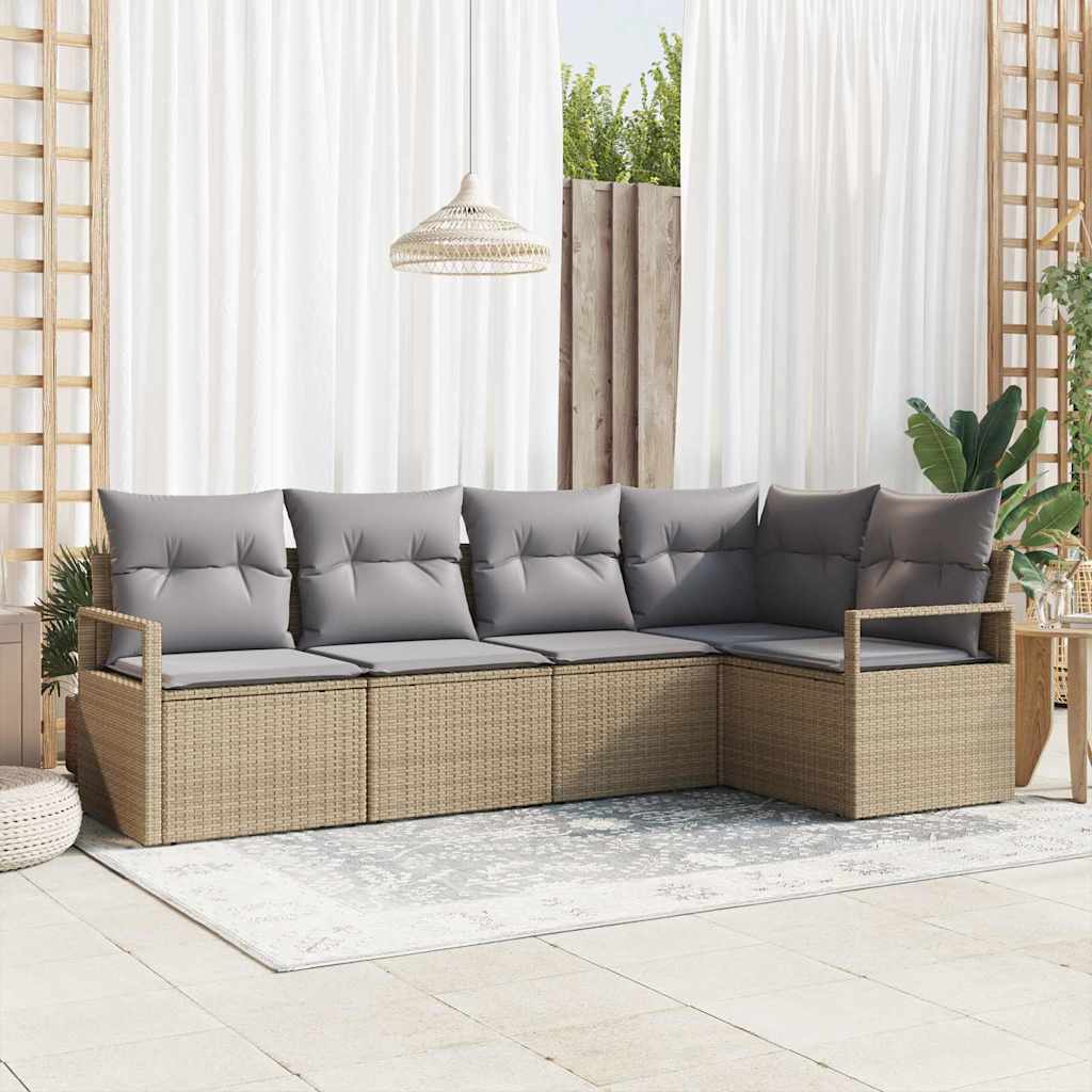 5 Stk Have Sofa Sæt med Puder Beige Poly Rattan, vidaXL 2-Personers Have Sofa med Puder Beige Poly Rattan