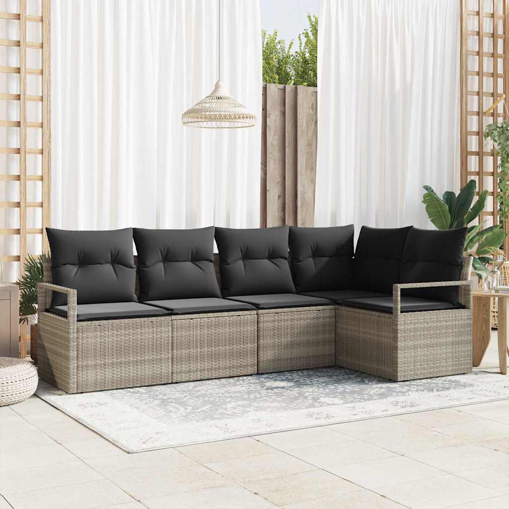 5-teiliges Garten Sofa Set mit Kissen Hellgrau Poly Rattan