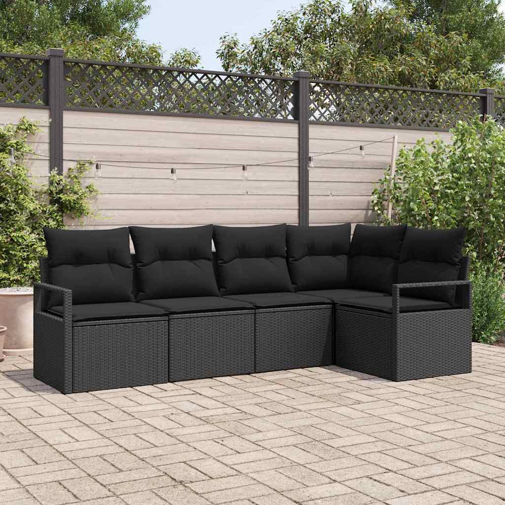 5 Stykke Have Sofa Sæt med Puder Sort Poly Rattan, vidaXL 2-personers Have Sofa med Puder Sort Poly Rattan