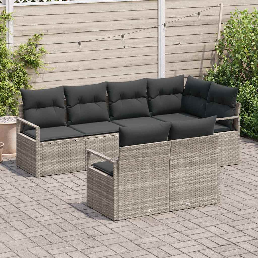 vidaXL 7-delige tuinset met kussens in lichtgrijs poly rattan