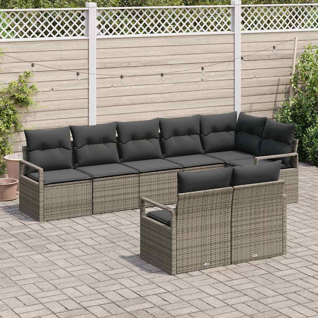 vidaXL 8-delige tuinset met kussens in grijs poly rattan