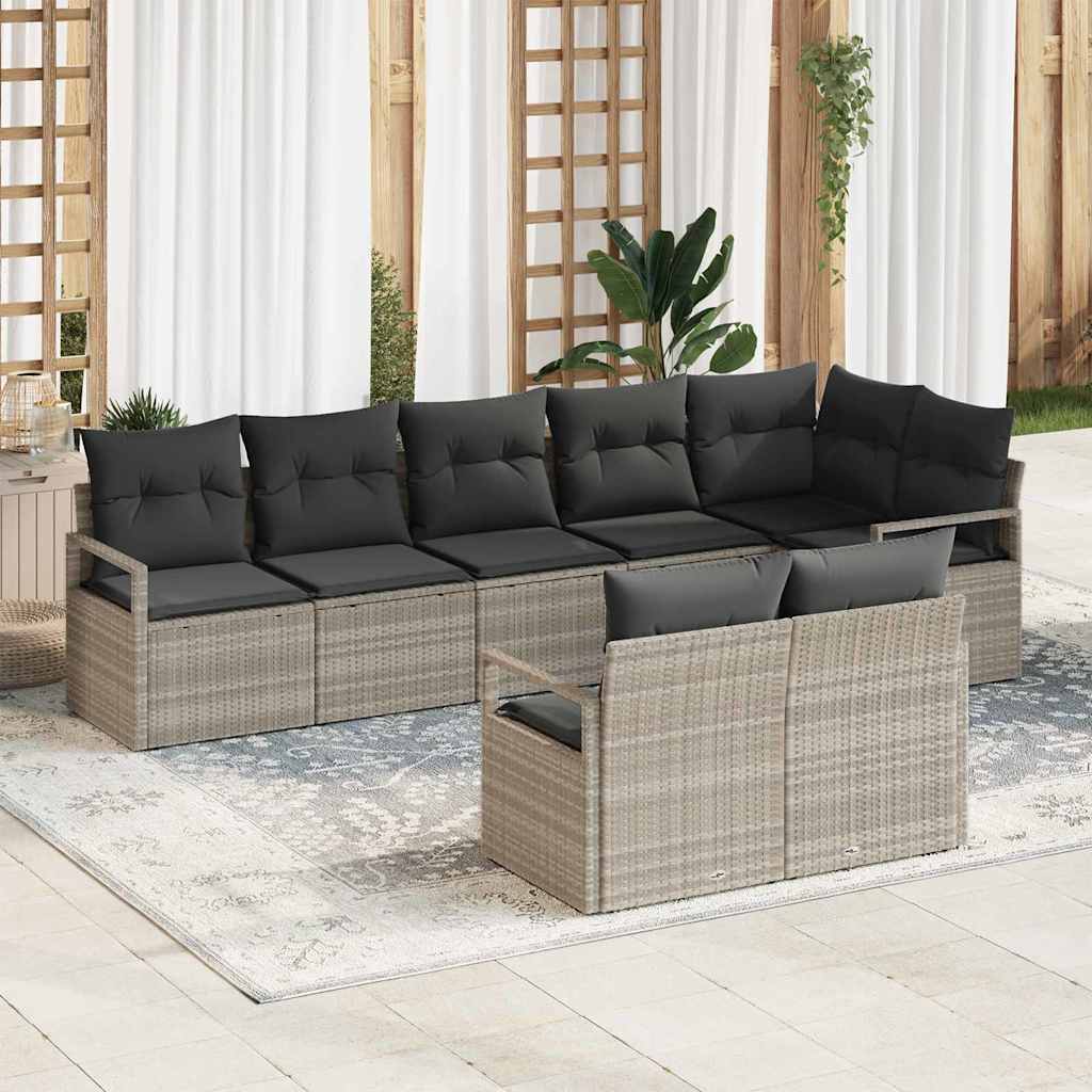 8-teiliges Garten Sofa Set mit Kissen Hellgrau Poly Rattan