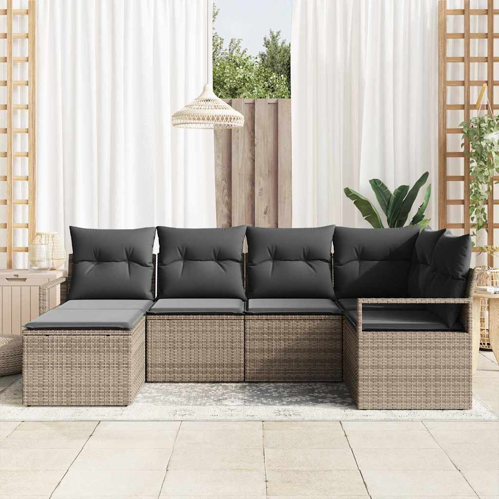 vidaXL 6-delige tuinset met kussens in grijs poly rattan
