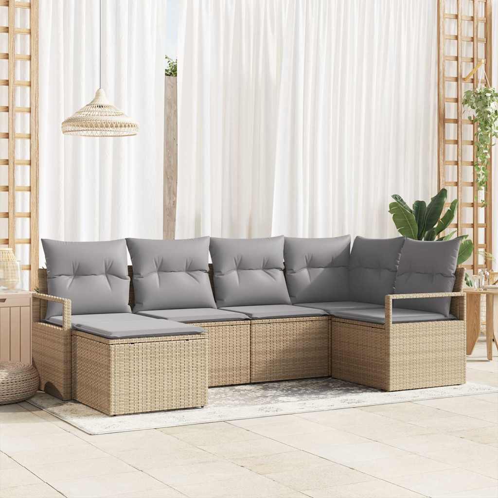 6-delt Have Sofa Sæt med Puder Beige Poly Rattan, vidaXL 2-personers Have Sofa med Puder Beige Poly Rattan