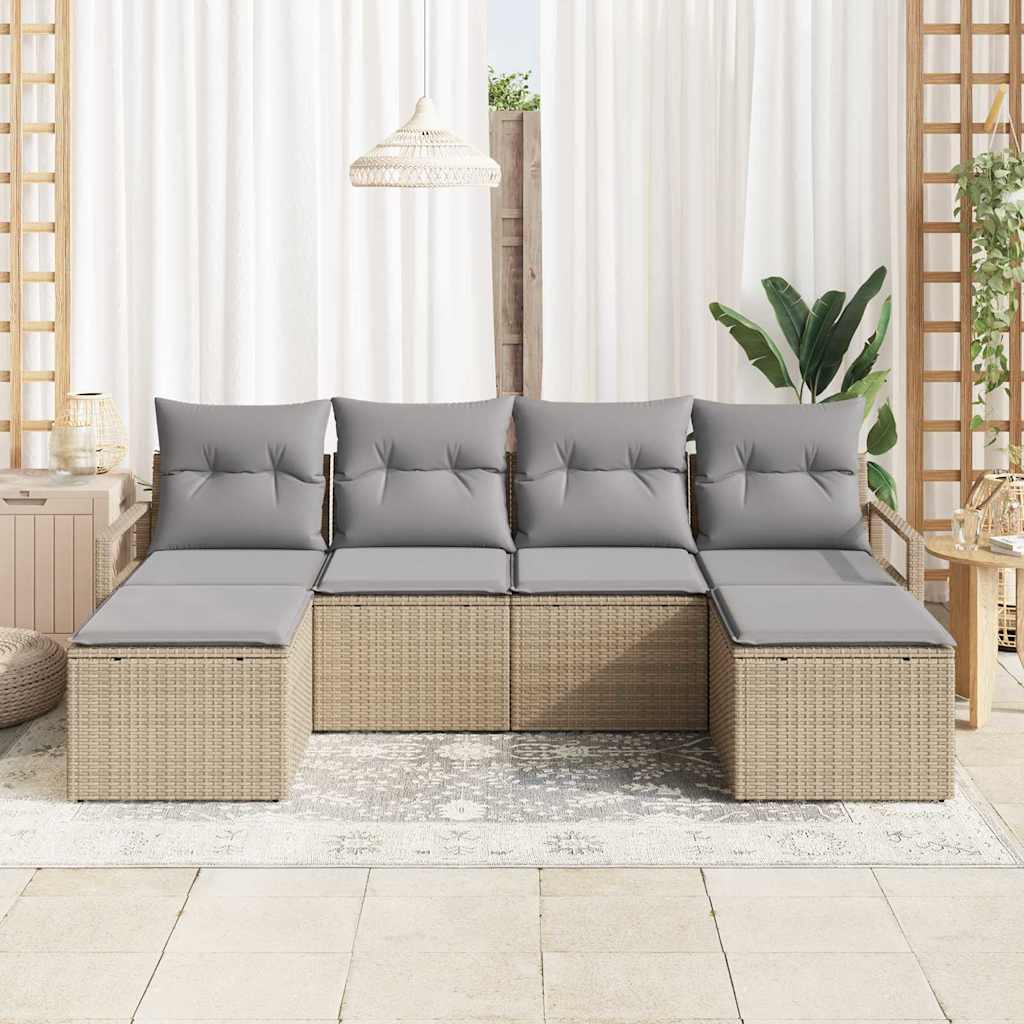 vidaXL 6-delige tuinset met kussens in beige poly rattan