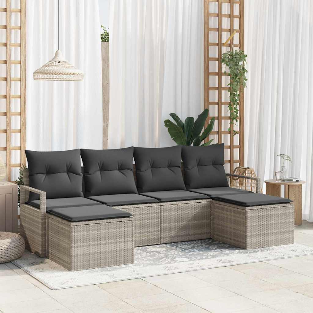 vidaXL 6-teiliges Garten-Sofa-Set mit Kissen, hellgrau, aus Poly-Rattan