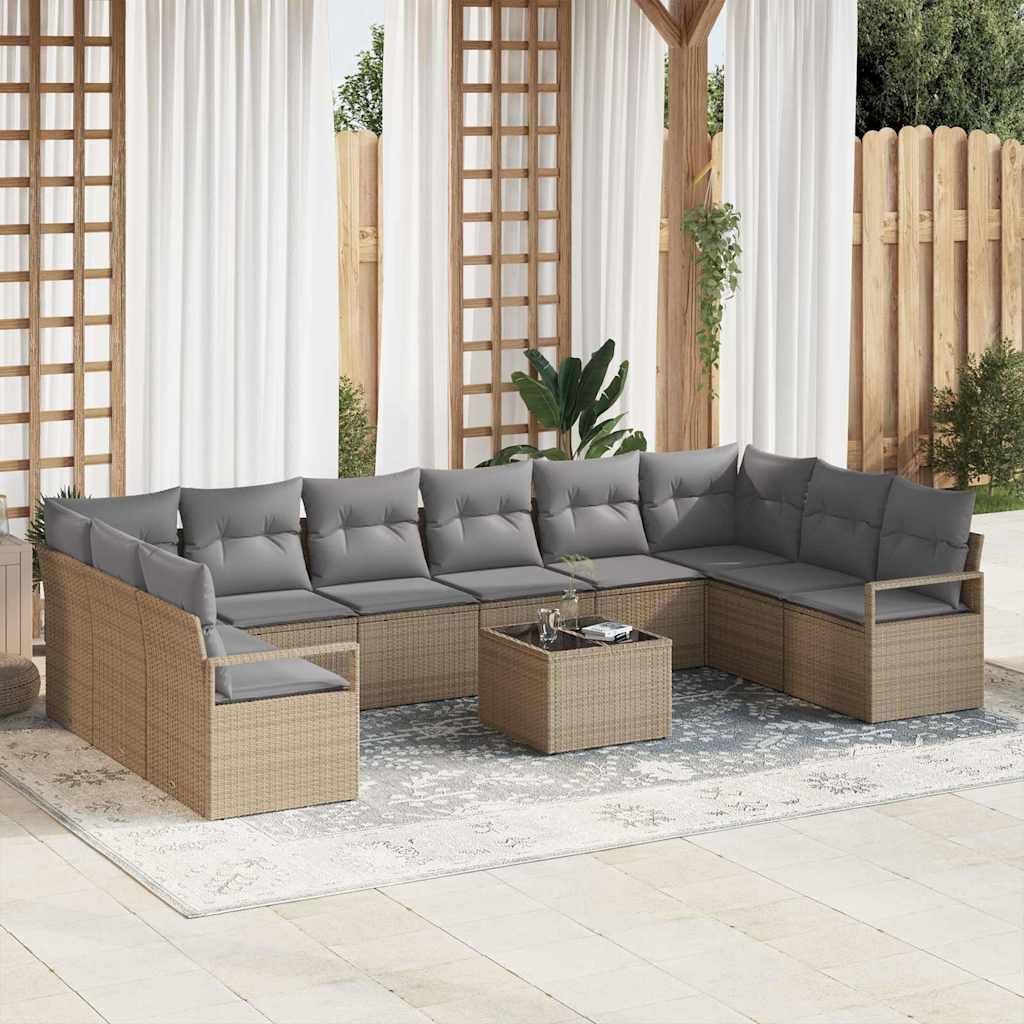 11-delt Havesofa Sæt med Puder Sort Poly Rattan, vidaXL 2-sæders Havesofa med Puder Beige Poly Rattan