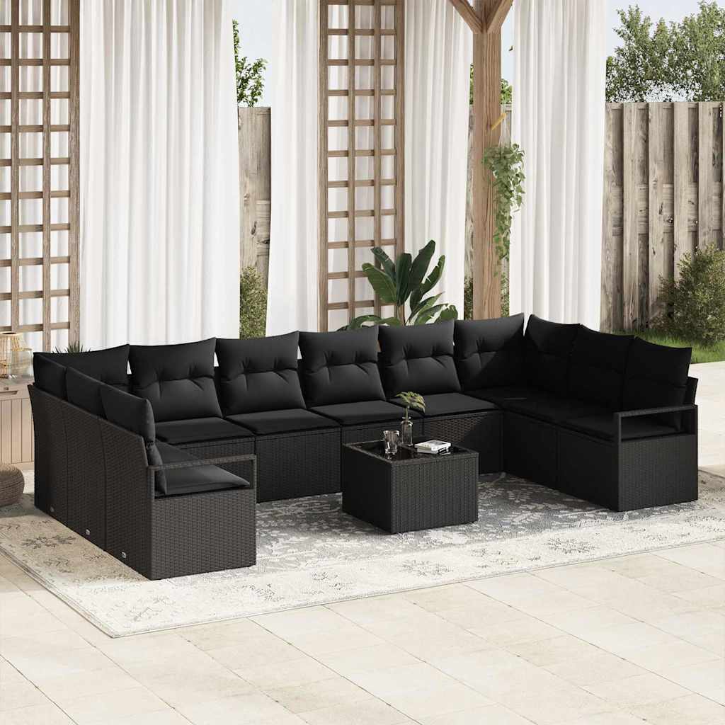 11 Personers Havesofa Sæt med Hynder Beige Poly Rattan, vidaXL 2-personers Havesofa med Hynder Sort Poly Rattan