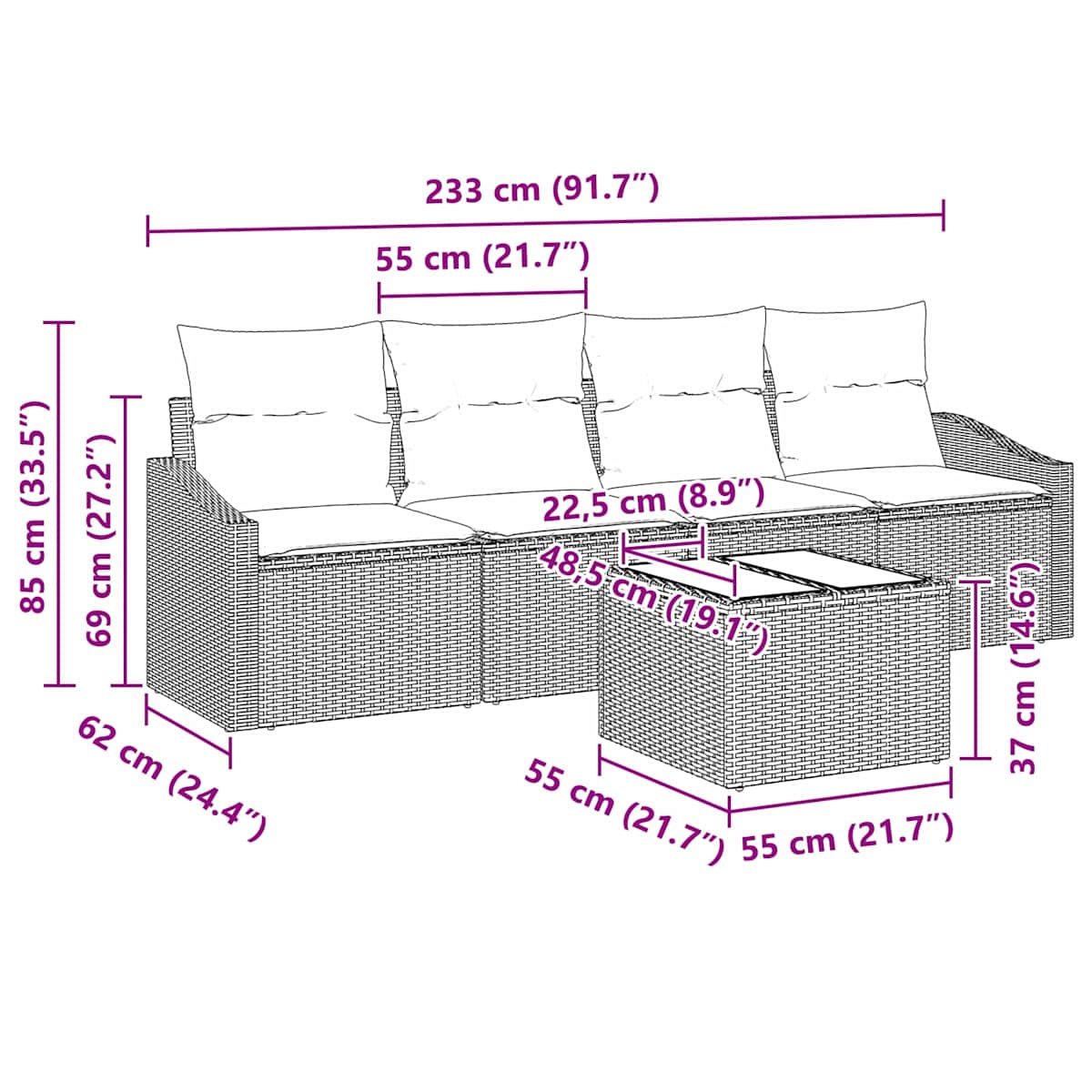 Sofa Sæt 5 stk. 3-Antal sæder polyrattan - Billede 8