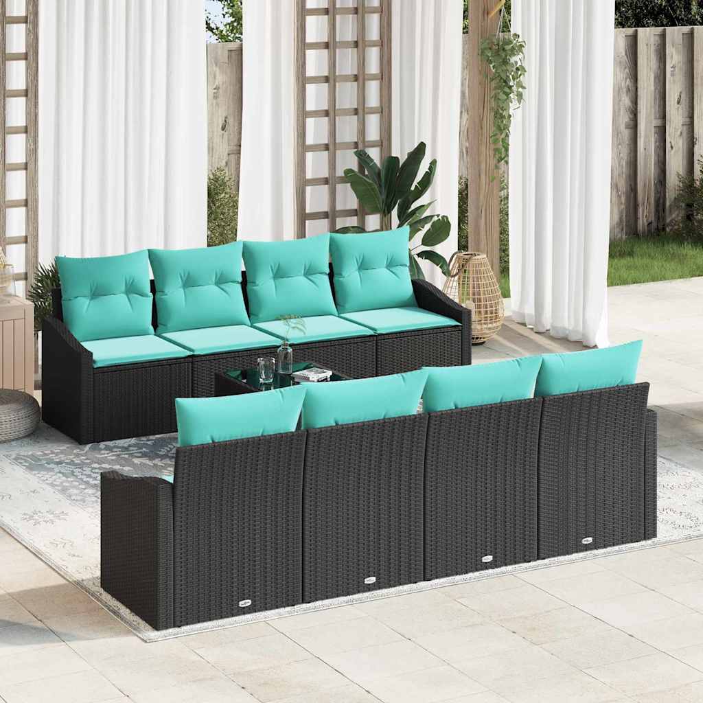 vidaXL Sofa Set mit Kissen 9 pcs Schwarz und Türkis Poly Rattan