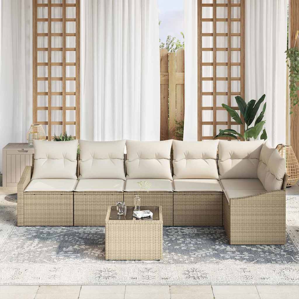 vidaXL 7-delige tuinsofa set met kussens in beige van poly rattan
