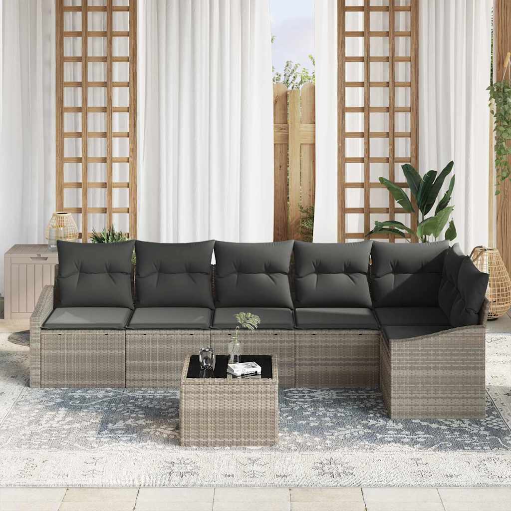 vidaXL 7-delige tuinsofa set met kussens in lichtgrijs poly rattan