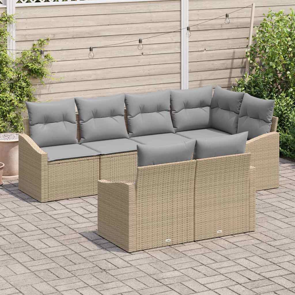 vidaXL 7-delige tuinbankset met kussens in beige van poly rattan