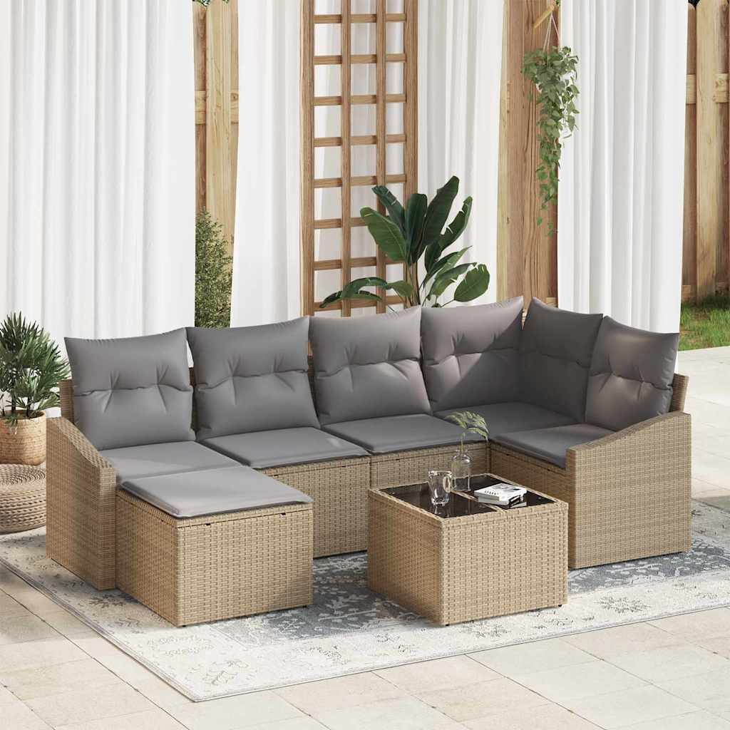 7-tlg. Garten-Sofagarnitur mit Kissen Schwarz Poly Rattan
