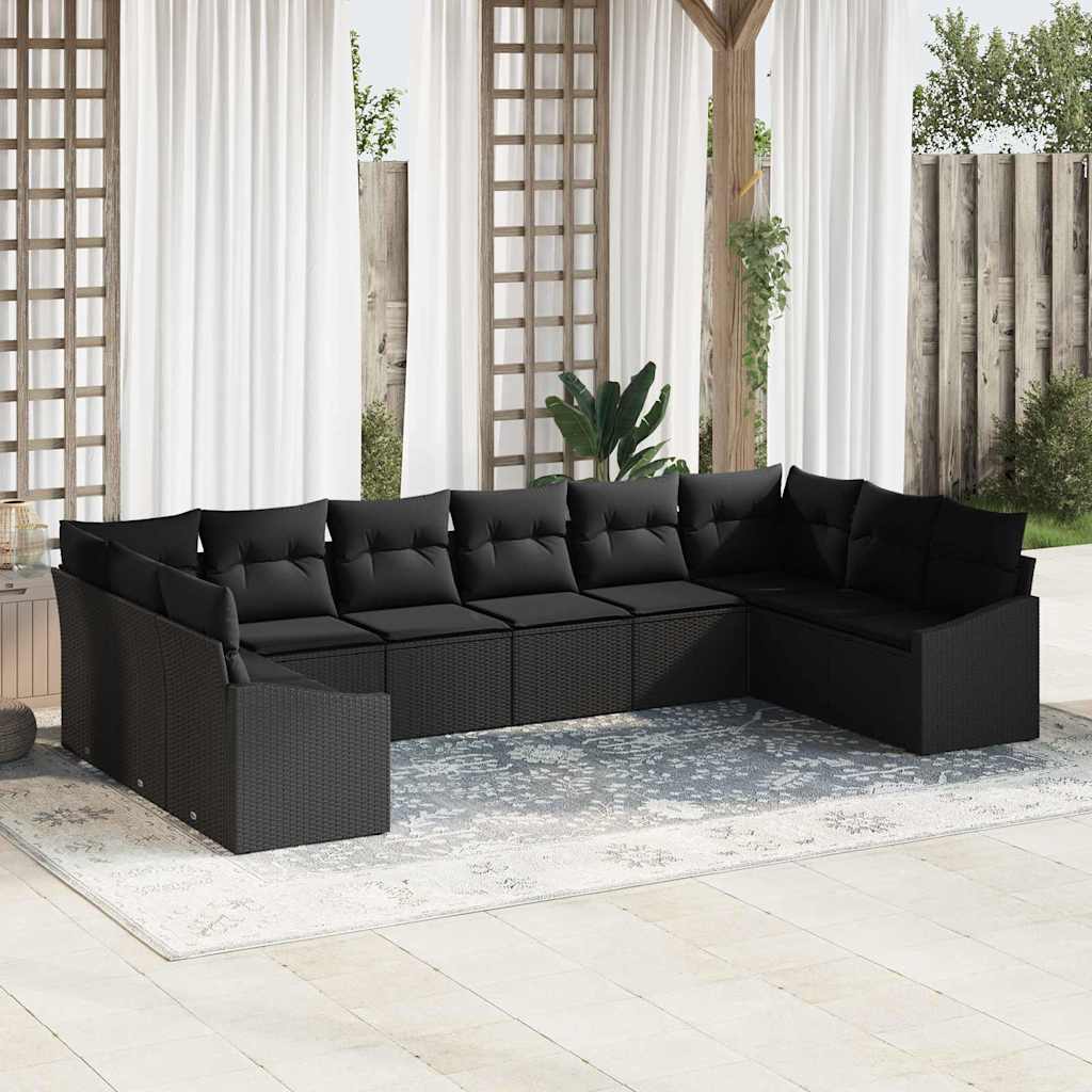10 Stykker Have Sofa Sæt med Puder Sort Poly Rattan