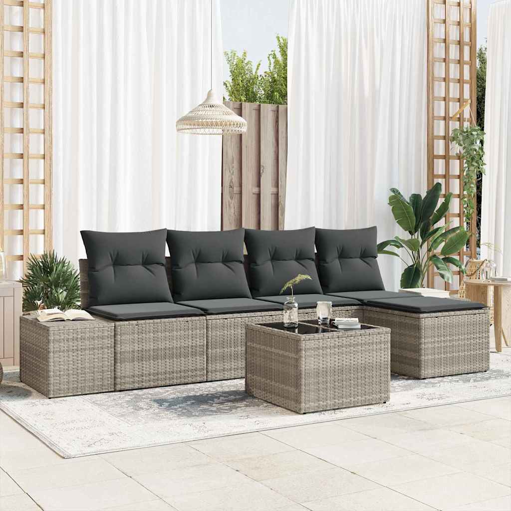 6 stykke have sofa sæt med puder grå poly rattan