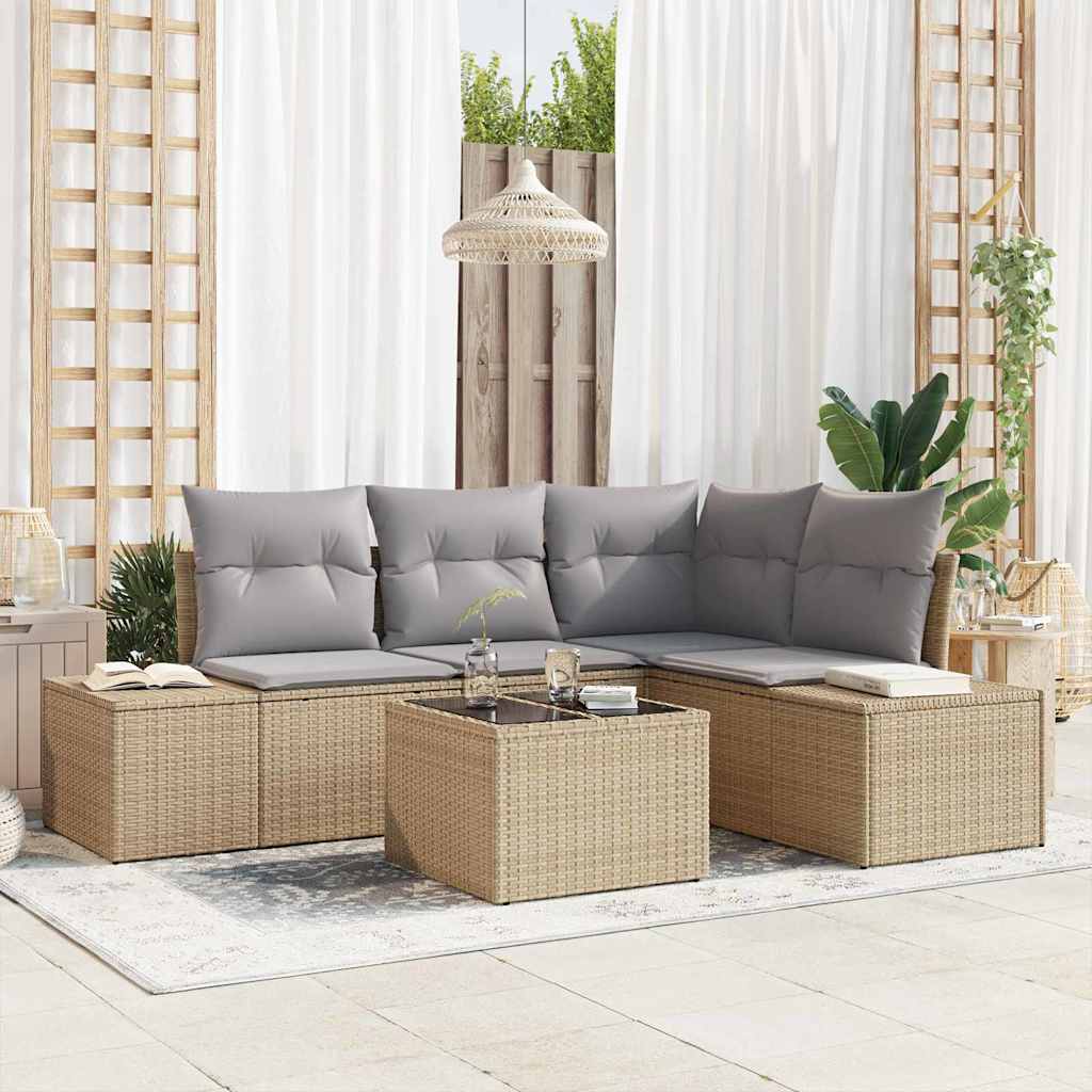 5 Personers Havesofa sæt med hynder Sort Poly Rattan